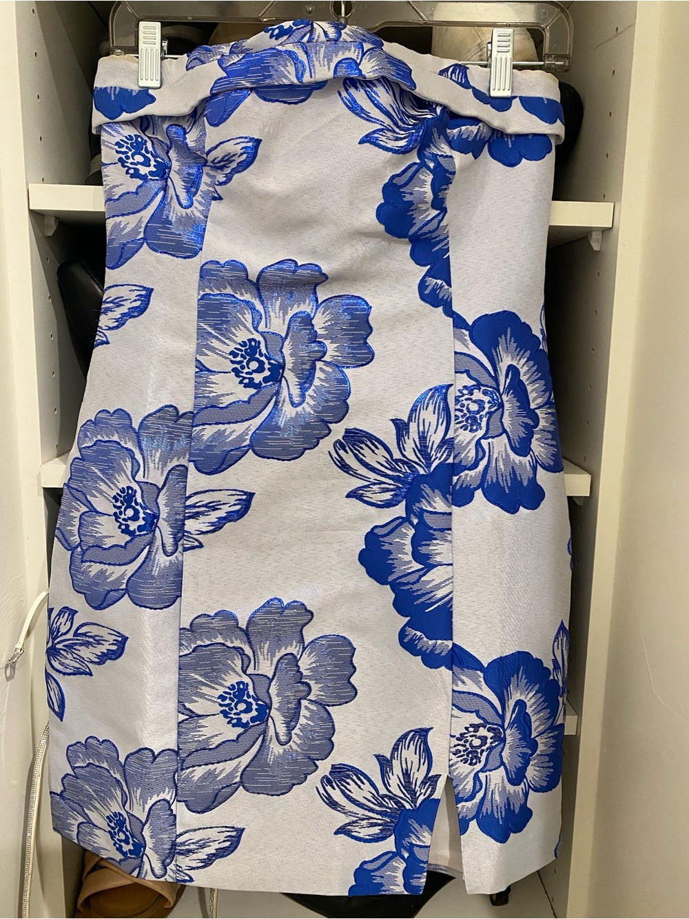 Off-Shoulder White Mini Dress with Blue Floral Print